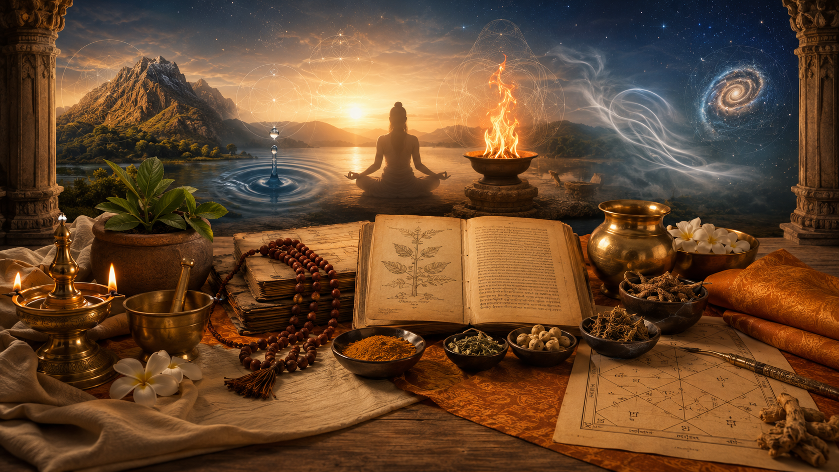 Manuscrit, lampe à huile et éléments ayurvédiques symbolisant le lien entre souffle, Yoga et Ayurveda.