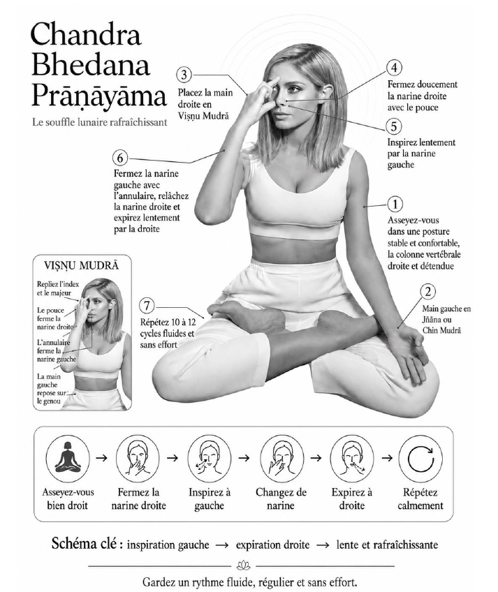 Technique illustrée de Prāṇāyāma étape par étape : Chandra Bhedana, souffle lunaire rafraîchissant.
