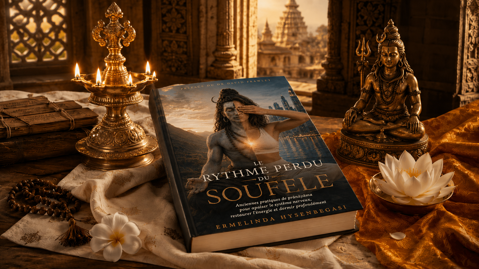 Couverture du livre sur le Prāṇāyāma d'Ermelinda Hysenbegasi dans une ambiance d'étude védique.