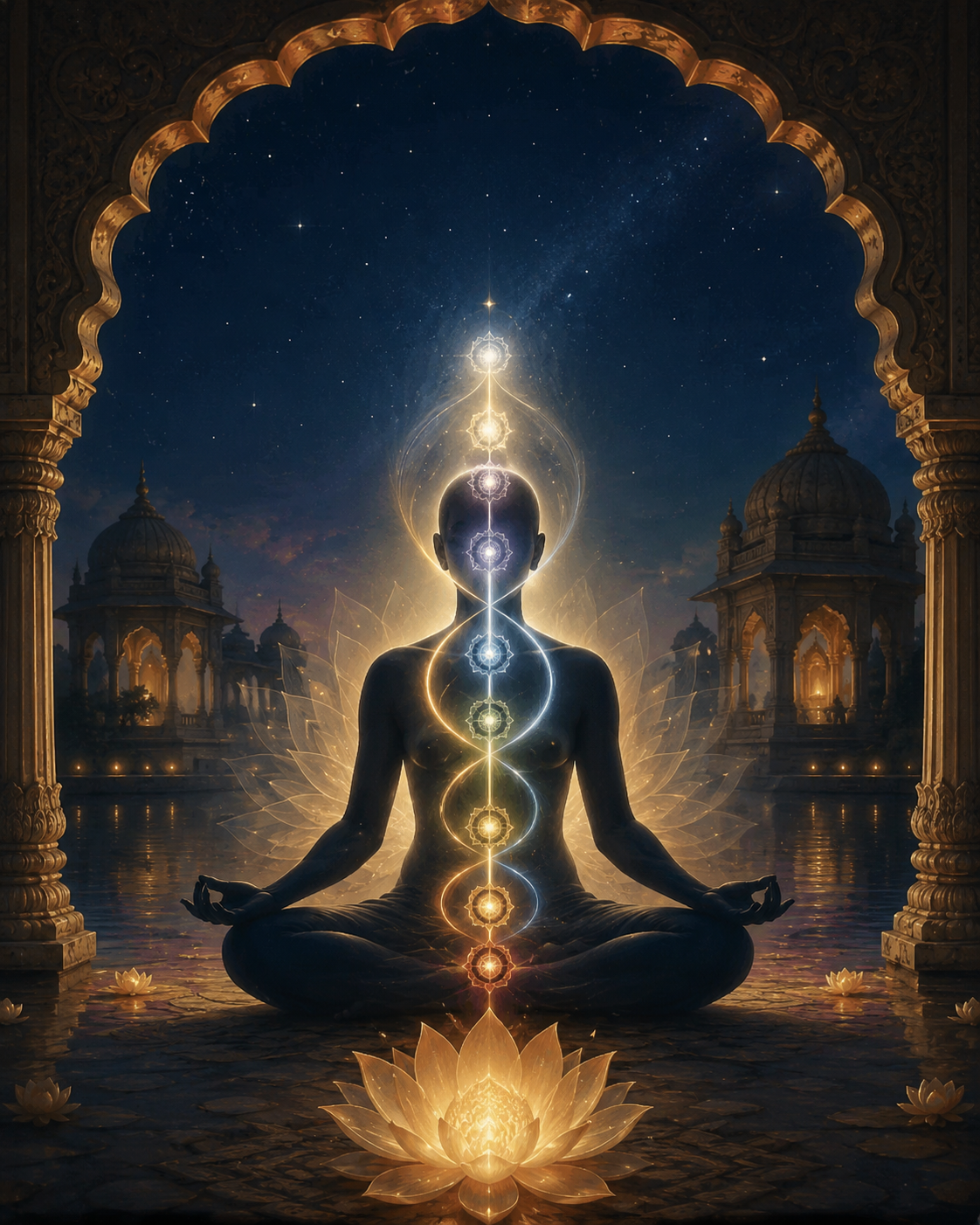 Silhouette méditative avec nāḍīs et chakras subtils représentant la circulation du prāṇa.